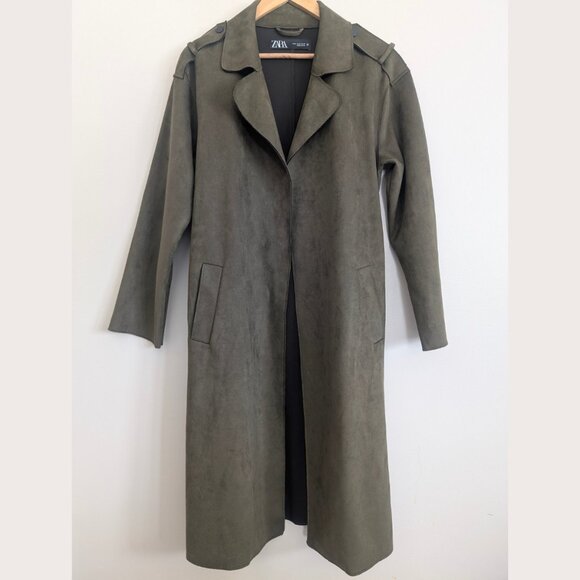 Zara Faux Suede Long Trench Coat - Picture 1 of 4